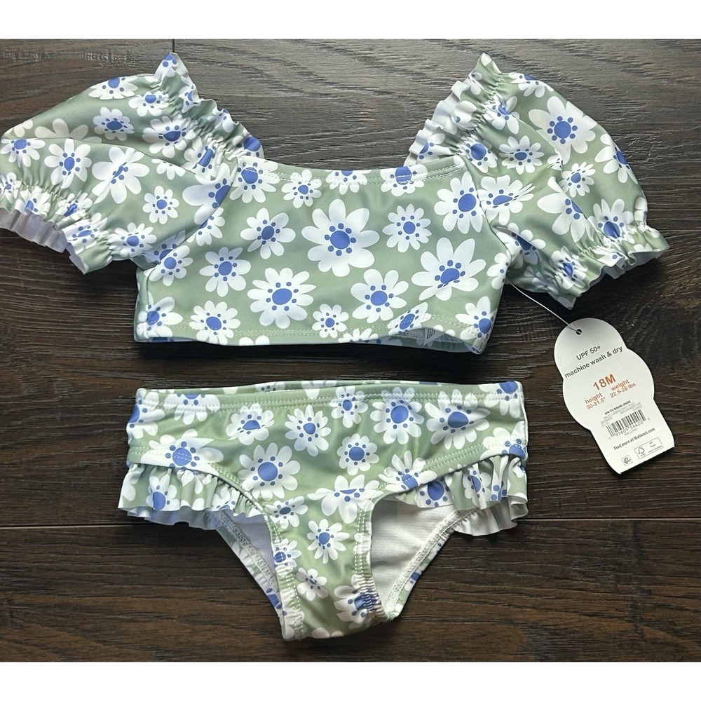 Wonder Nation 2 Peice Swimsuit Girls 18 Months ‎ Green Daisy